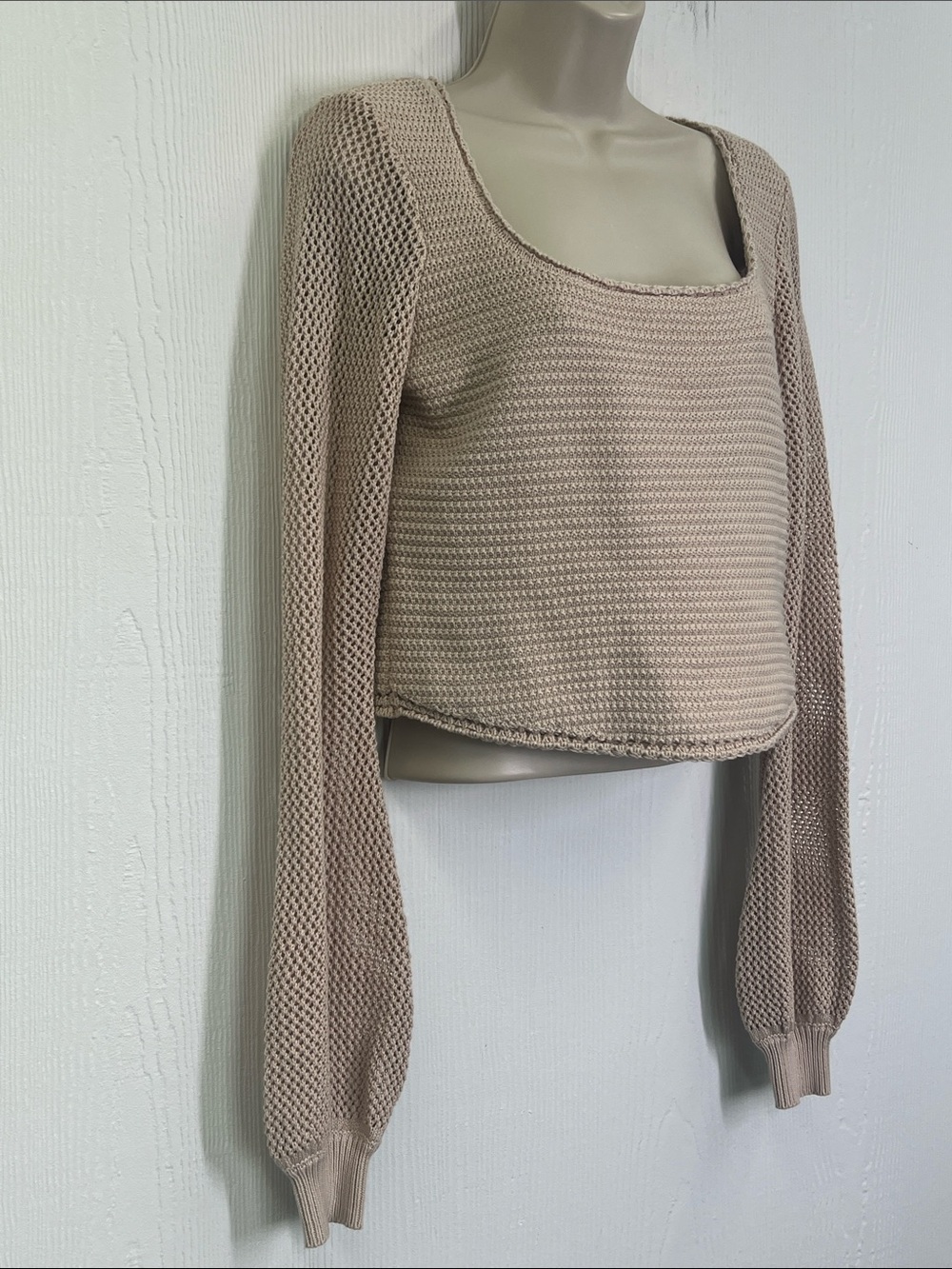 Lulus - Best Essence Beige Knit Square Neck Long Sleeve Sweater Size Small - Picture 4 of 11